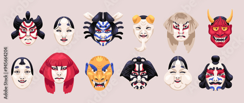 Traditional mask for Japanese Kabuki theater set. Different patterned faces of Gods and demons of Japan culture. Festive icons of namahage, okame for noh theatre. Flat isolated vector illustrations