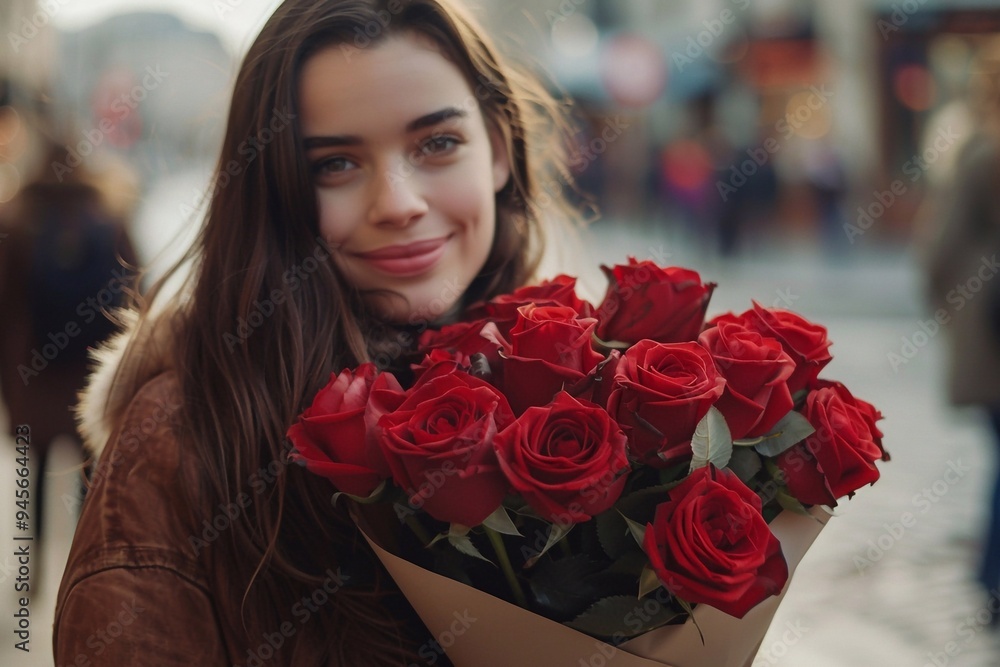 a girl a bouquet of red roses on Valentine day a girl a bouquet of red roses on Valentine day