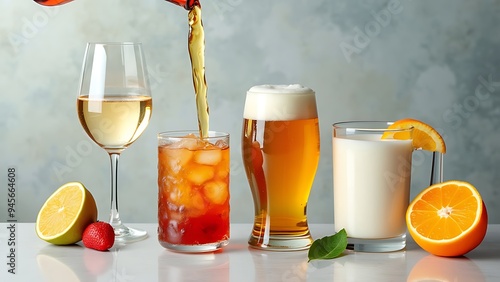 Pouring drinks into glasses photo collection: soft drink can, beer, wine, water, orange juice and milk