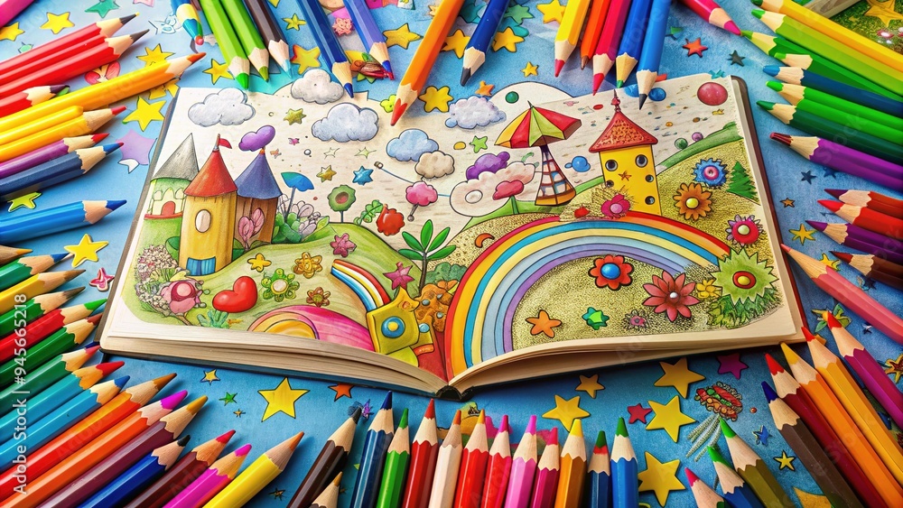 Fototapeta premium Vibrant, creative scene of colourful pencils and crayons scattered around an open children's colouring book, surrounded by scribbled artwork and imagination-inspired doodles.