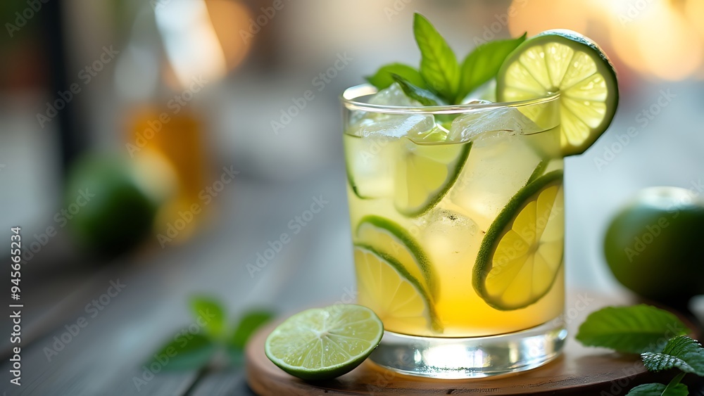 Cocktail with lime and ice in a glass Cocktail with lime and ice in a glass