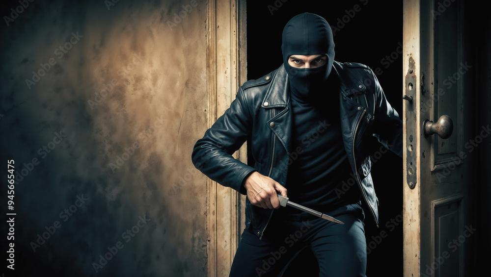 Masked burglar is breaking into a house at night Masked burglar is breaking into a house at night