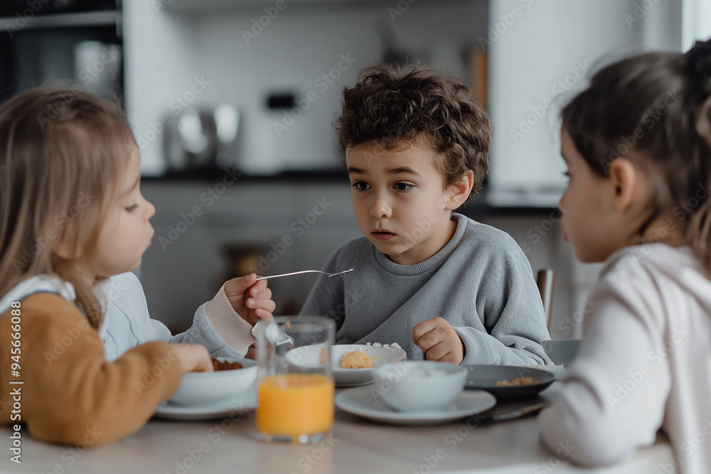 Three children are sitting at a table eating breakfast Three children are sitting at a table eating breakfast