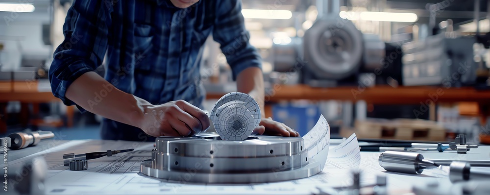 A technician working on upgrading a complex machine part A technician working on upgrading a complex machine part