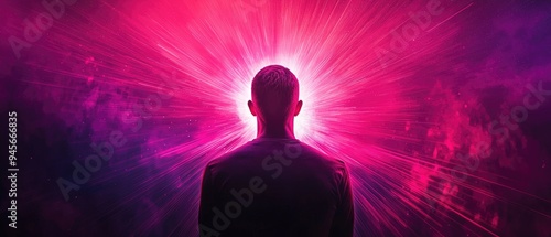 An abstract representation of a figure bathed in light, with radiant beams shooting outward, symbolizing glorification Abstract, Neon, High contrast