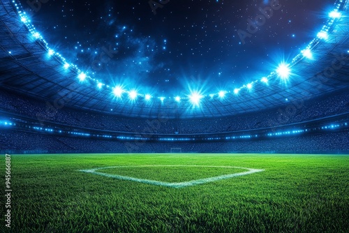 beautiful sports stadium with a green grass field shines with blue spotlights at night with stars. Sports tournament, world championship , ai