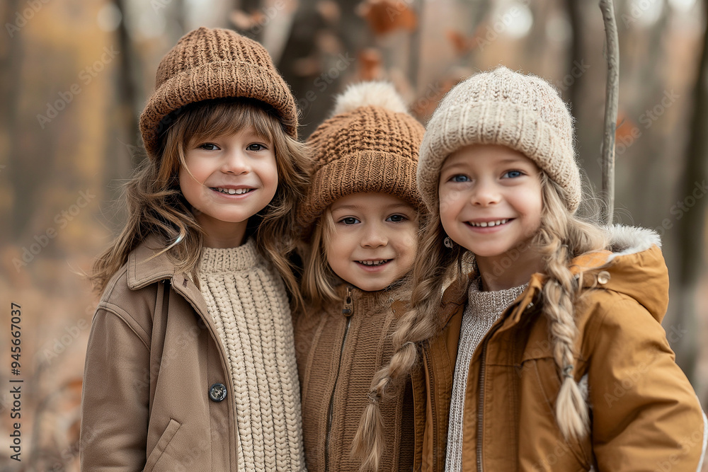 Three young girls are smiling and wearing hats and jackets Three young girls are smiling and wearing hats and jackets