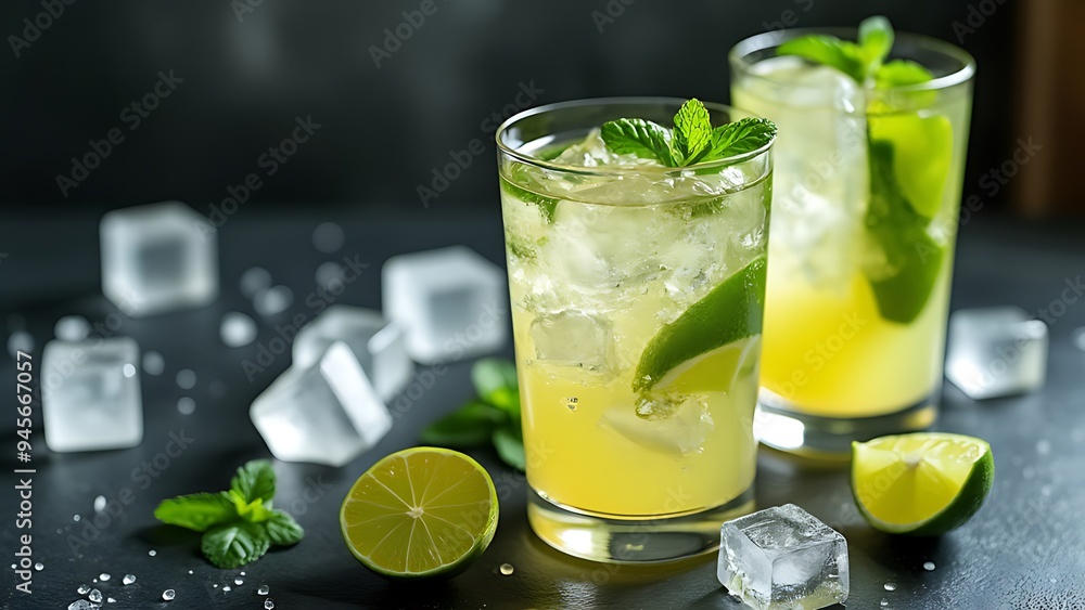 Alcohol cocktails with lime, ice cubes and mint on table Alcohol cocktails with lime, ice cubes and mint on table