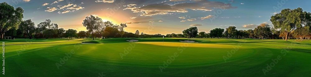 A golf course with a sunset in the background A golf course with a sunset in the background