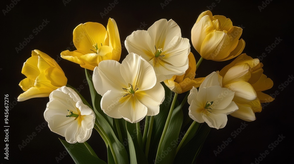 Naklejka premium Yellow and White Tulips on a Black Background