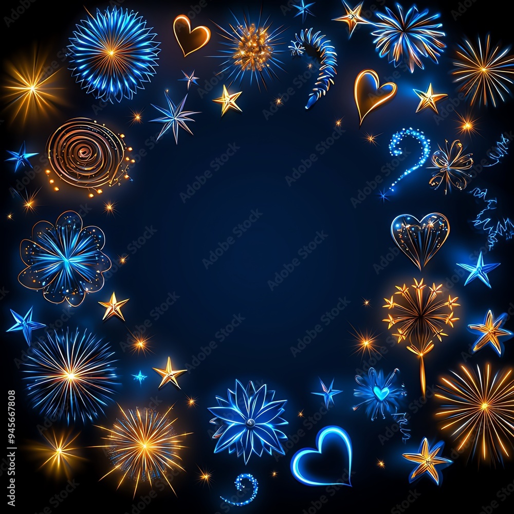 Fototapeta premium A vibrant frame of colorful fireworks and sparkling elements on a dark background, perfect for festive celebrations.