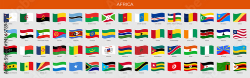 A set of wave-shaped flags of African countries. Detailed national flags of Africa countries, including small states and dependent territories. Vector illustration