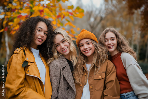 Four young women are posing for a picture in a park, wearing warm jackets