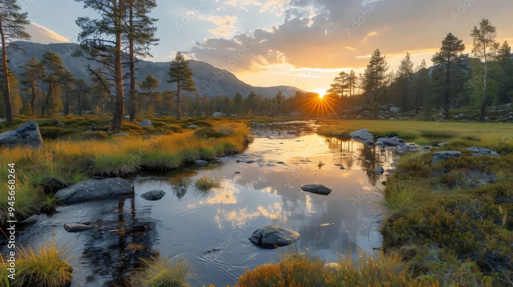 Fototapeta premium A beautiful landscape with a river and a sun setting in the background