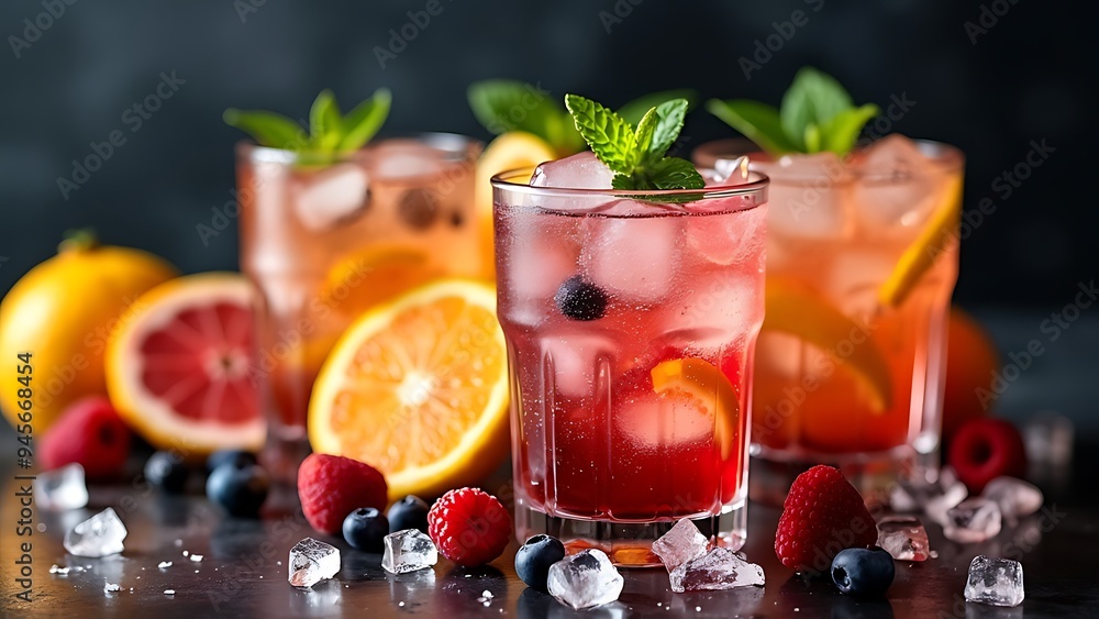 Chilled soft drinks with ice, citrus fruits and berries, black background, selective focus Chilled soft drinks with ice, citrus fruits and berries, black background, selective focus