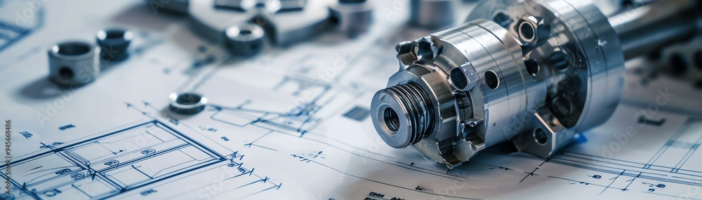 High-precision mechanical part with technical blueprints in the background, illustrating engineering and manufacturing concepts. High-precision mechanical part with technical blueprints in the background, illustrating engineering and manufacturing concepts.