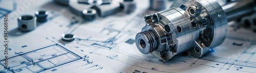 High-precision mechanical part with technical blueprints in the background, illustrating engineering and manufacturing concepts.