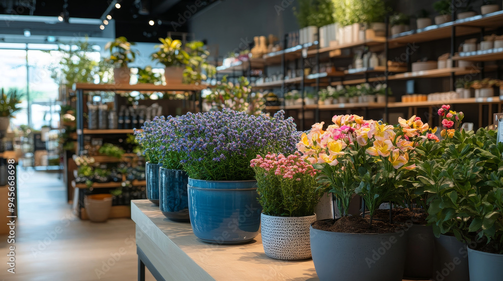 Fototapeta premium A range of flower pots of different sizes, shapes, and materials (ceramic, terracotta, metal, and glass) are displayed. They come in various colors and patterns, some with intricate design