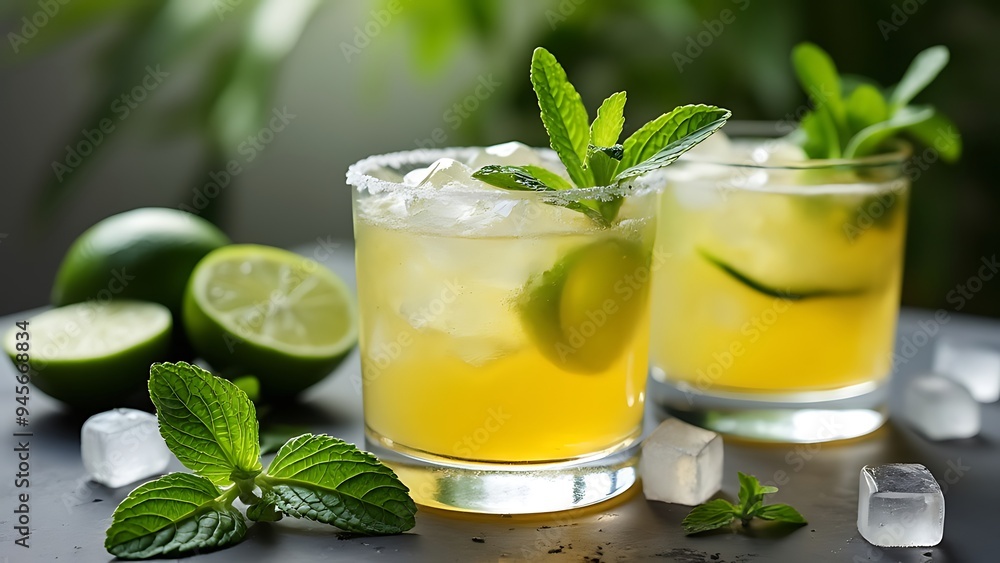 Alcohol cocktails with lime, ice cubes and mint on table Alcohol cocktails with lime, ice cubes and mint on table
