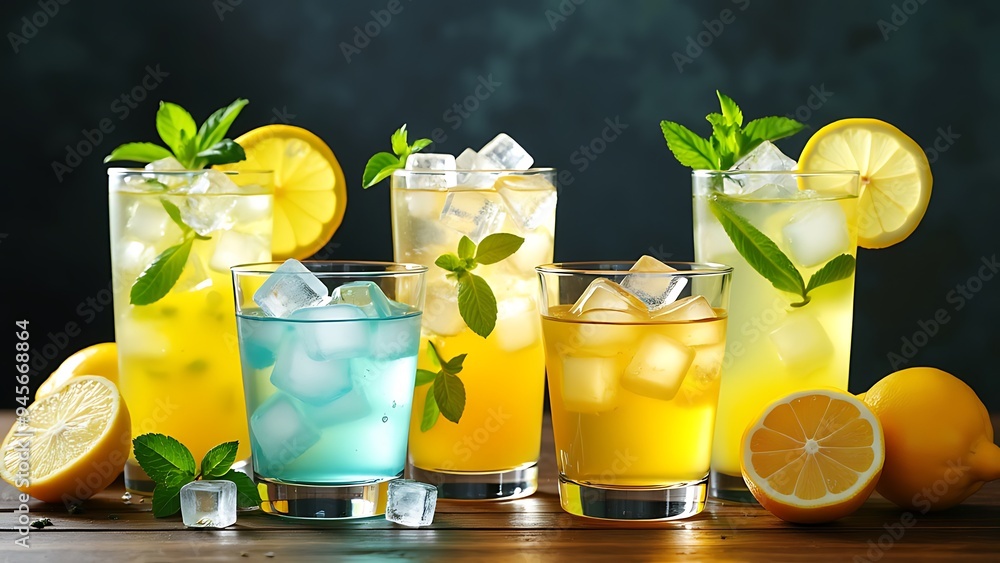 Different fresh lemonades in glasses with ice cubes, cocktail glasses concept Different fresh lemonades in glasses with ice cubes, cocktail glasses concept
