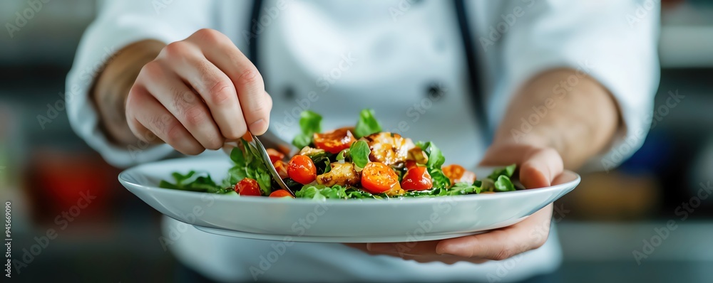 Magnificent close-up of a chefs hands plating a gourmet dish Magnificent close-up of a chefs hands plating a gourmet dish