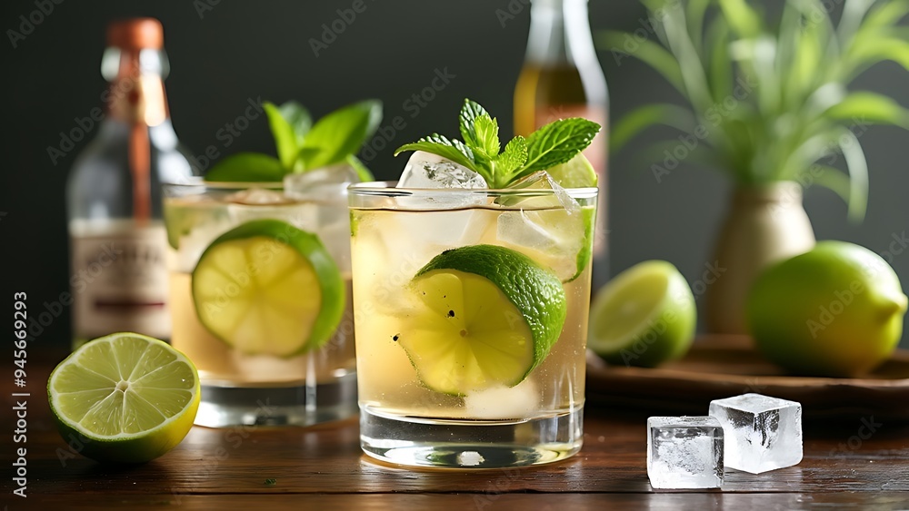 Fototapeta premium Alcohol cocktails with lime, ice cubes and mint on table