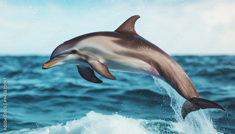 An enchanting side view of a dolphin gracefully leaping over crystal-clear waves under a starry sky An enchanting side view of a dolphin gracefully leaping over crystal-clear waves under a starry sky
