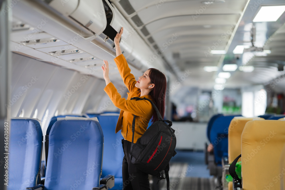 Woman Storing Luggage in Airplane Overhead Compartment: A young woman in a yellow jacket and black pants stores her luggage in the overhead compartment of an airplane. She is preparing for her journe Woman Storing Luggage in Airplane Overhead Compartment: A young woman in a yellow jacket and black pants stores her luggage in the overhead compartment of an airplane. She is preparing for her journe