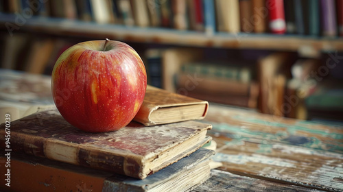 A crisp red apple rests atop a stack of worn, antique books, evoking a nostalgic and scholarly vibe photo