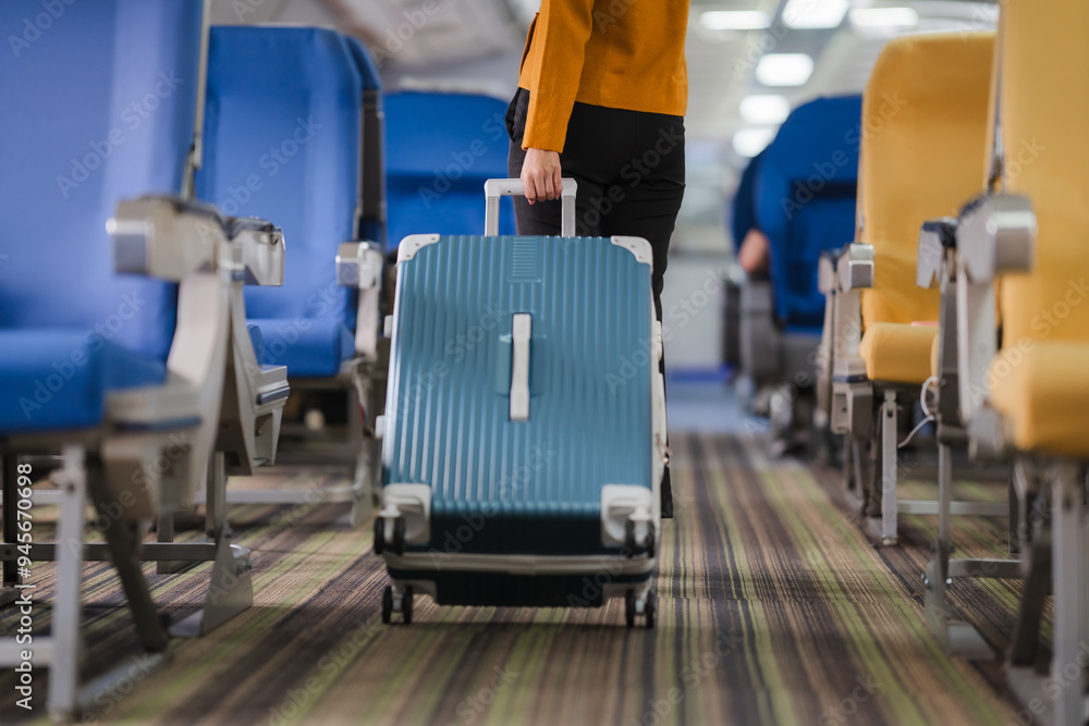 Boarding Pass to Adventure: A lone traveler navigates the aisle of an airplane, roller suitcase in tow, ready to embark on a journey. Boarding Pass to Adventure: A lone traveler navigates the aisle of an airplane, roller suitcase in tow, ready to embark on a journey.