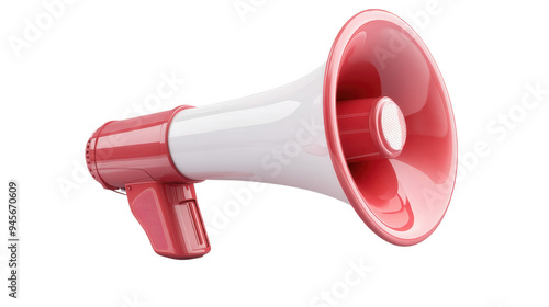 A red and white megaphone is shown in a white background