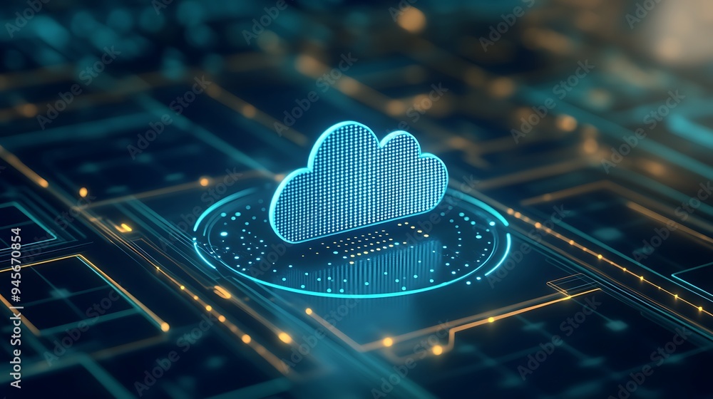 Futuristic cloud computing concept represented by a glowing digital cloud and circuit board, symbolizing technology and data storage. Futuristic cloud computing concept represented by a glowing digital cloud and circuit board, symbolizing technology and data storage.