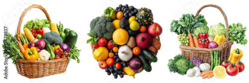 Basket of fresh colorful vegetables and fruits in three variations isolated on transparent background © Sariyono