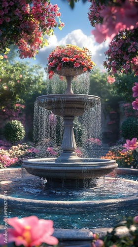 Enchanting garden with a stone water fountain, surrounded by an array of blooming flowers pictures photo