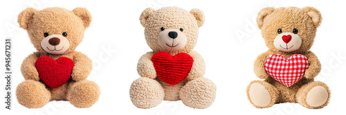 Adorable teddy bear trio holding red hearts in different designs isolated on transparent background photo