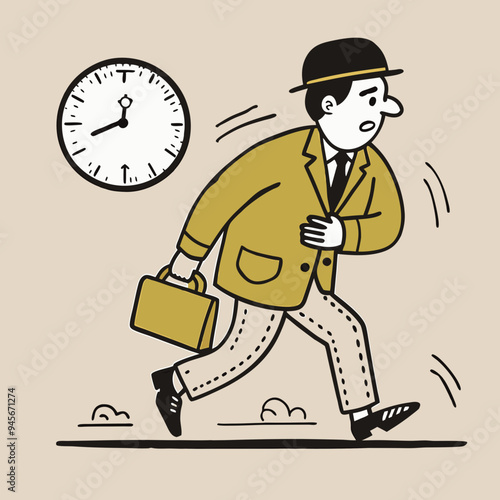 Retro Businessman Rushing with Briefcase in Vintage Illustration Style Against Clock Background