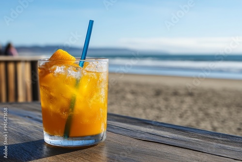 Cocktail on a beach table with an orange twist | Stock photo