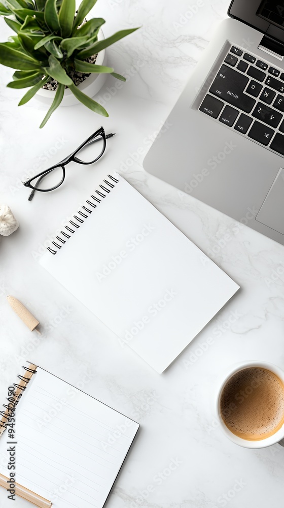 A workspace featuring a laptop, notepad, glasses, coffee, and a plant for productivity. A workspace featuring a laptop, notepad, glasses, coffee, and a plant for productivity.