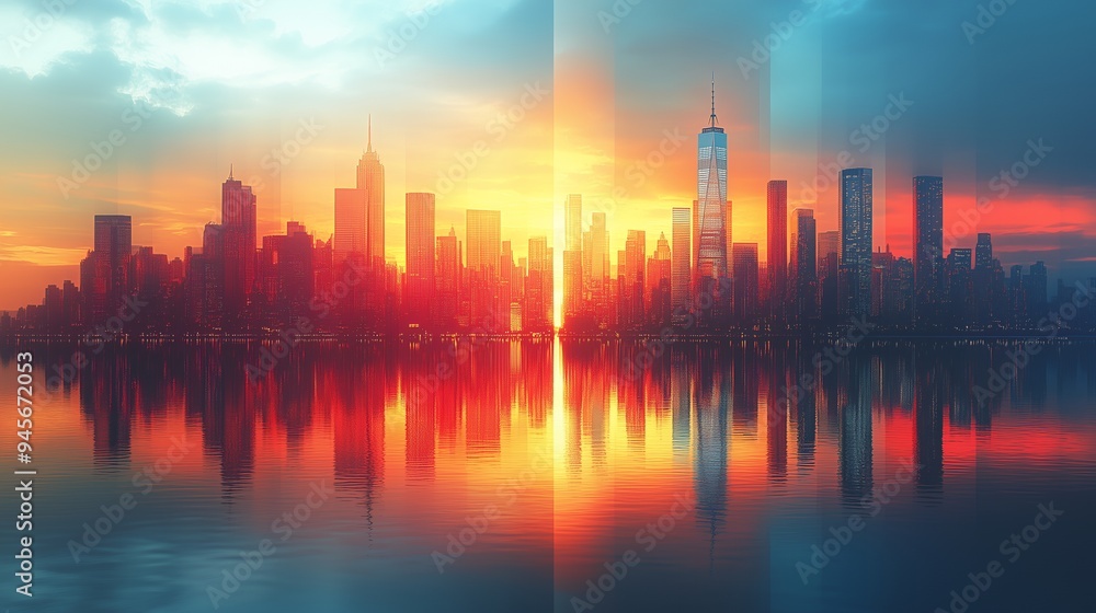 Fototapeta premium A stunning sunset skyline reflecting on water, showcasing urban architecture and vibrant colors.