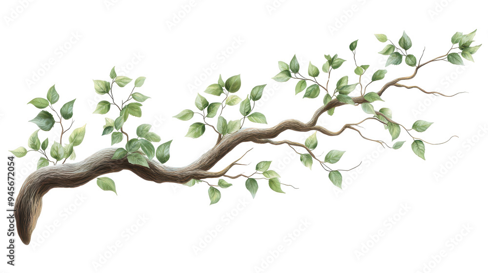 A branch with green leaves is shown in a white background A branch with green leaves is shown in a white background
