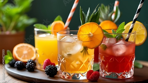 Freshening esthetic cocktails with fresh fruits and plants as decorations, concept photo