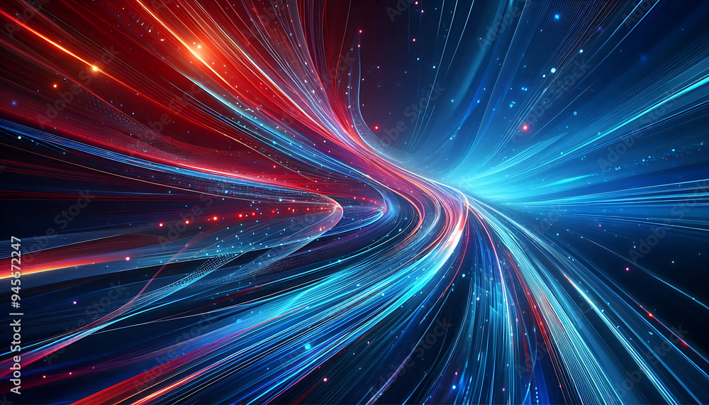 Abstract digital artwork featuring vibrant blue and red light trails swirling against a dark background with glowing dots that add depth and dimension to the design Abstract digital artwork featuring vibrant blue and red light trails swirling against a dark background with glowing dots that add depth and dimension to the design