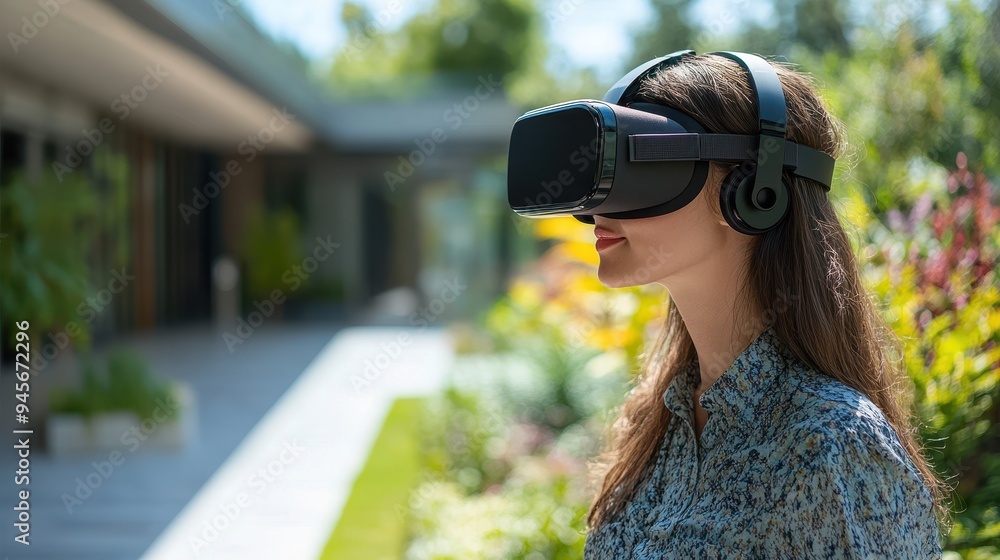 Woman Experiencing Virtual Reality Outdoors with VR Headset in a Modern Garden Setting on a Sunny Day Woman Experiencing Virtual Reality Outdoors with VR Headset in a Modern Garden Setting on a Sunny Day