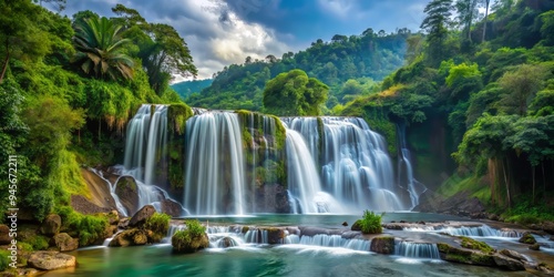 A scenic view of the Kapas Biru Falls, with the surrounding landscape faded into the background, focusing attention on the falling water, a realistic photo image.