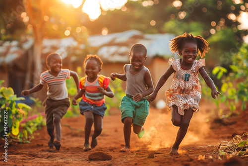 A group of children are running in a dirt field photo