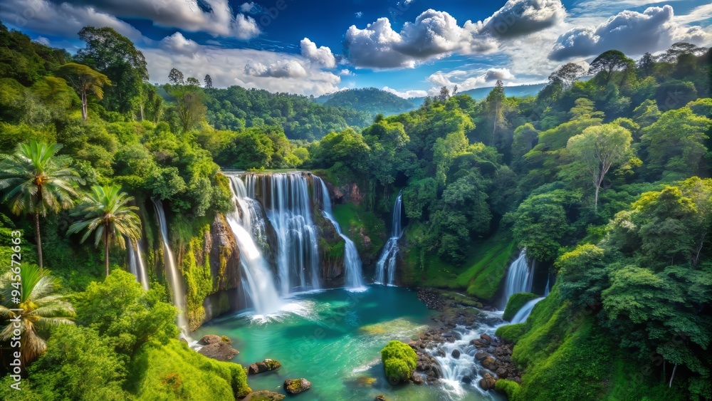 A stunning panoramic view of the Kapas Biru Falls, showcasing the entire landscape and the surrounding lush greenery, a realistic photo image. A stunning panoramic view of the Kapas Biru Falls, showcasing the entire landscape and the surrounding lush greenery, a realistic photo image.