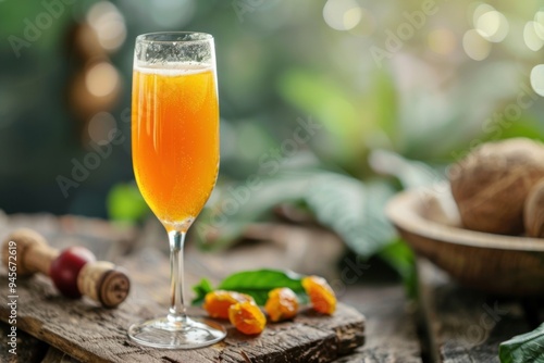 Tamarind Mimosa with tamarind juice and champagne, served in a flute glass, exotic market background, copy space for text 