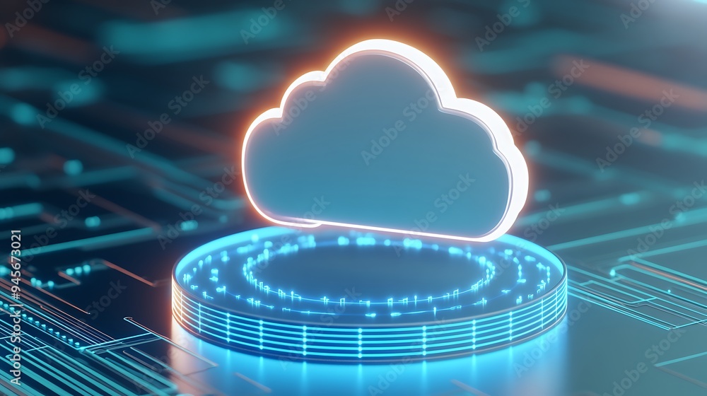 Futuristic cloud technology concept, holographic cloud icon with circuit board background, representing data storage and computing. Futuristic cloud technology concept, holographic cloud icon with circuit board background, representing data storage and computing.