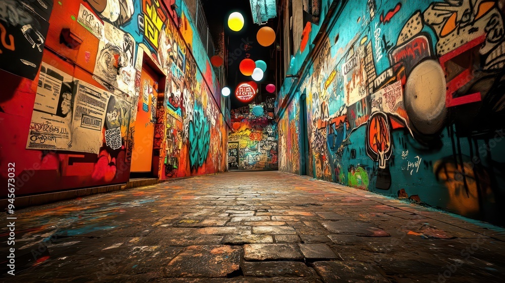 Fototapeta premium Colorful graffiti alleyway at night with glowing lanterns.