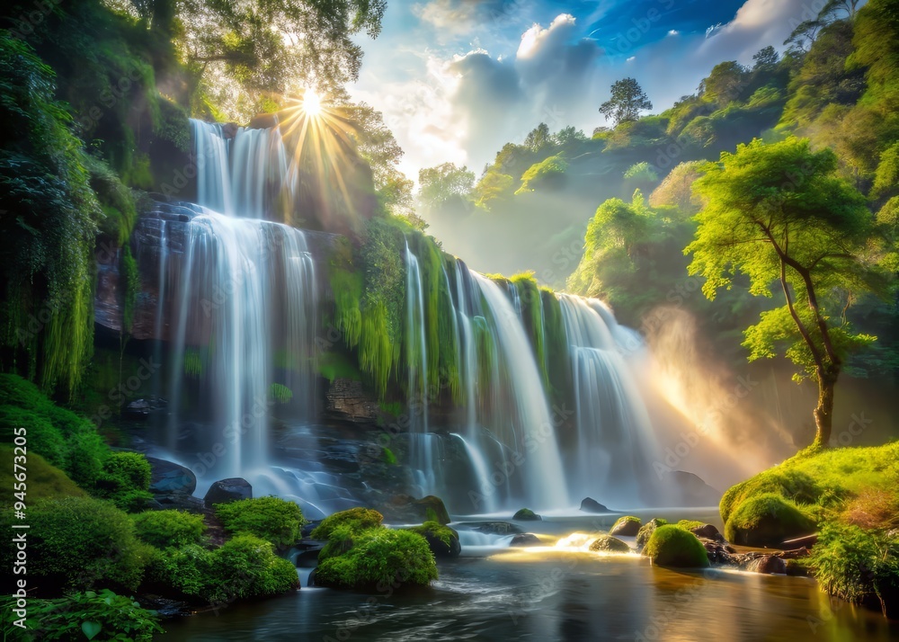 Fototapeta premium The falls' delicate mist creating a veil-like effect, lush green surroundings, warm sunlight filtering through, a realistic photo image.